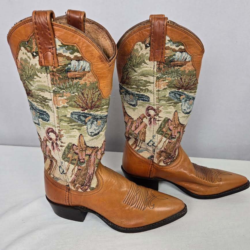 Dan Post Vtg Women's Tan Leather Rare Tapestry Western Cowboy Boots Sz 6 Desert